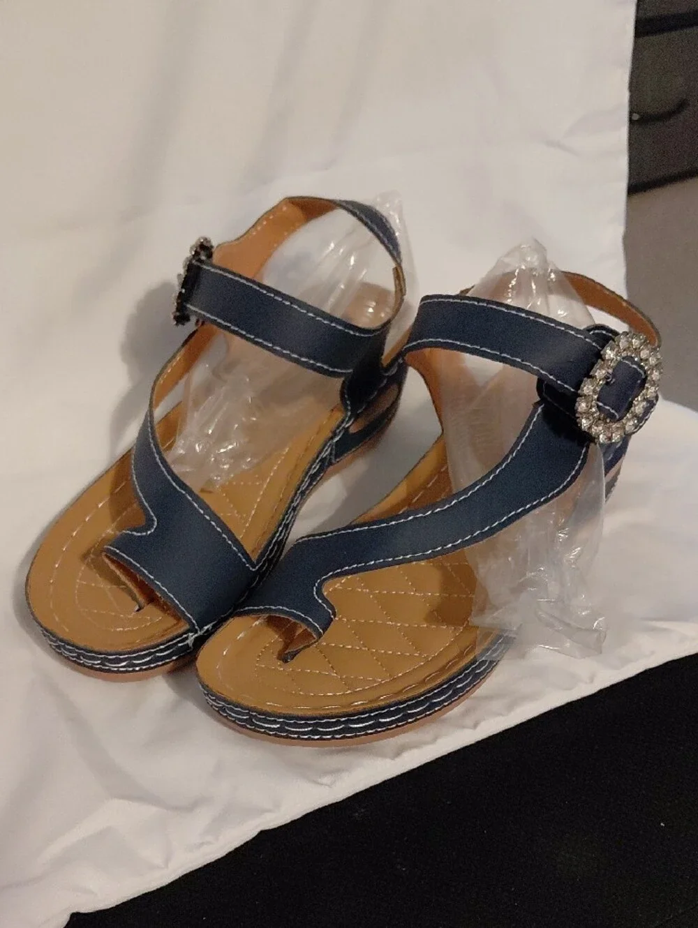 Women's Navy Wedge Sandals with Rhinestone Buckle